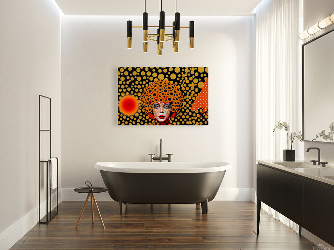 Yayoi Kusama AI Art large framed artwork in a modern bathroom by Pixel Gallery