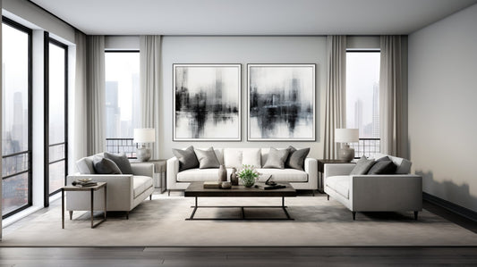 A living with with framed abstract art produced by AI - Pixel Gallery