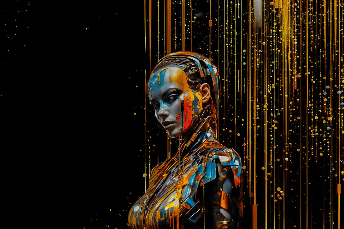 Portrait of a cyborg woman inspired by iconic fashion trends, showcasing AI Art and AI Generated Artwork by Midjourney and Pixel Gallery