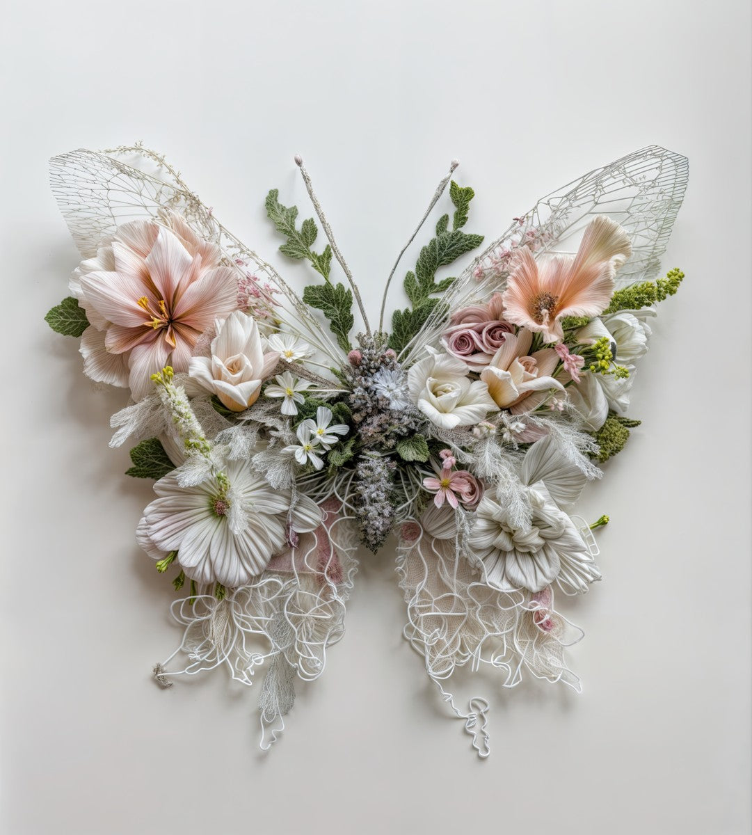 Elegant Butterfly Made of Flowers and Lace – Botanical Art Décor