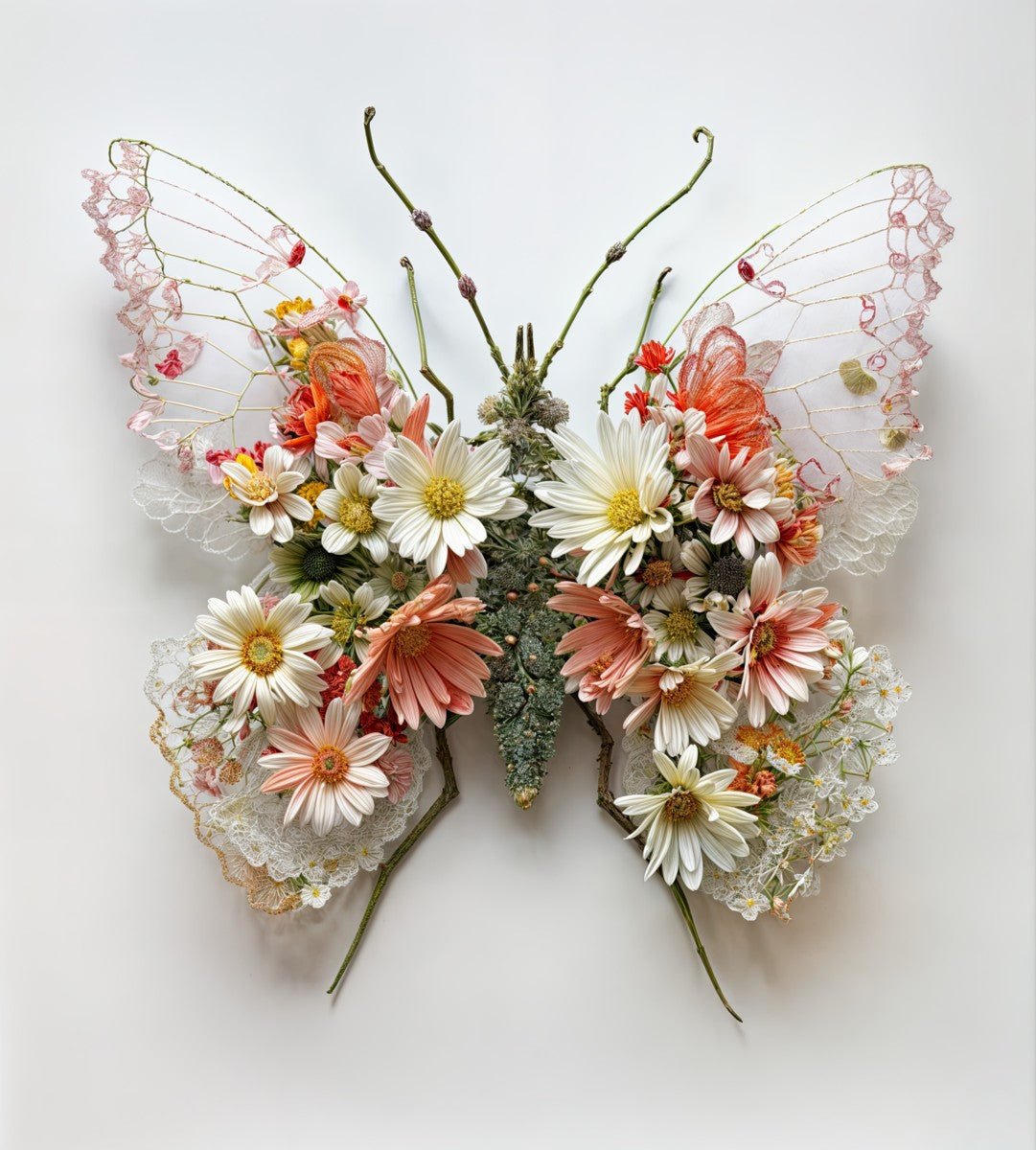 Handcrafted Flower and Lace Butterfly – Unique Wall Art - Pixel Gallery