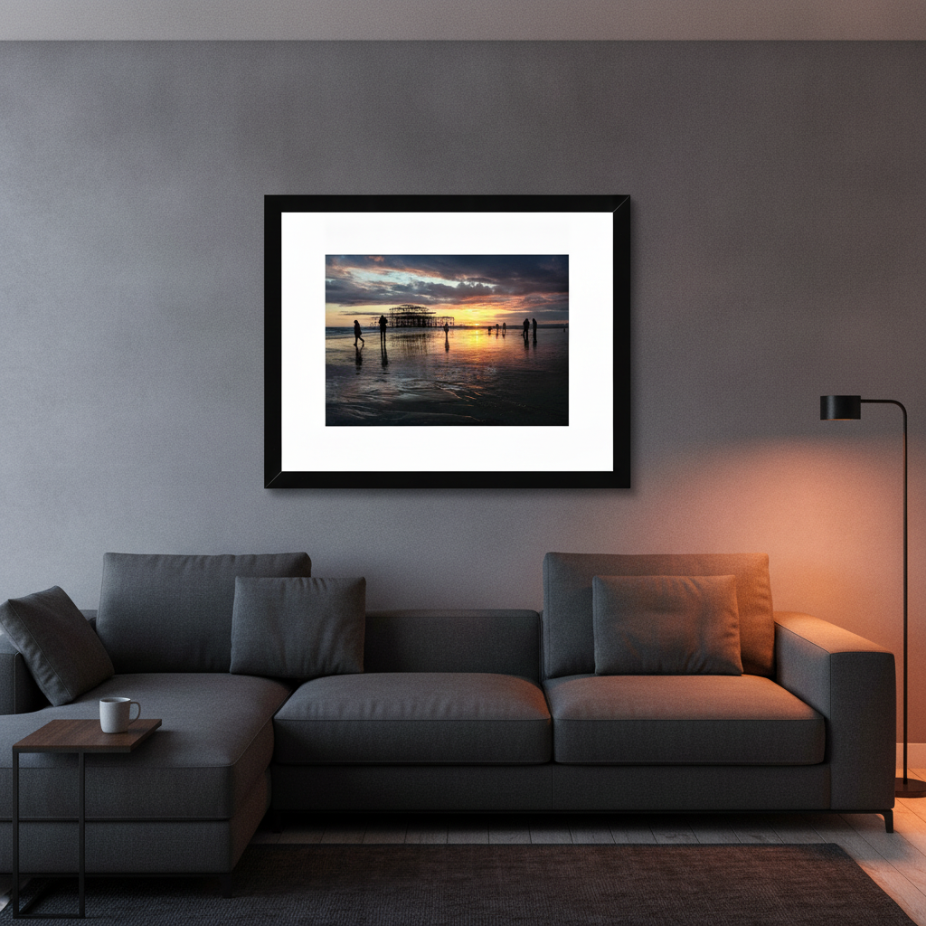 Brighton Sunset Framed & Mounted Print shown in a room setting | Pixel Gallery