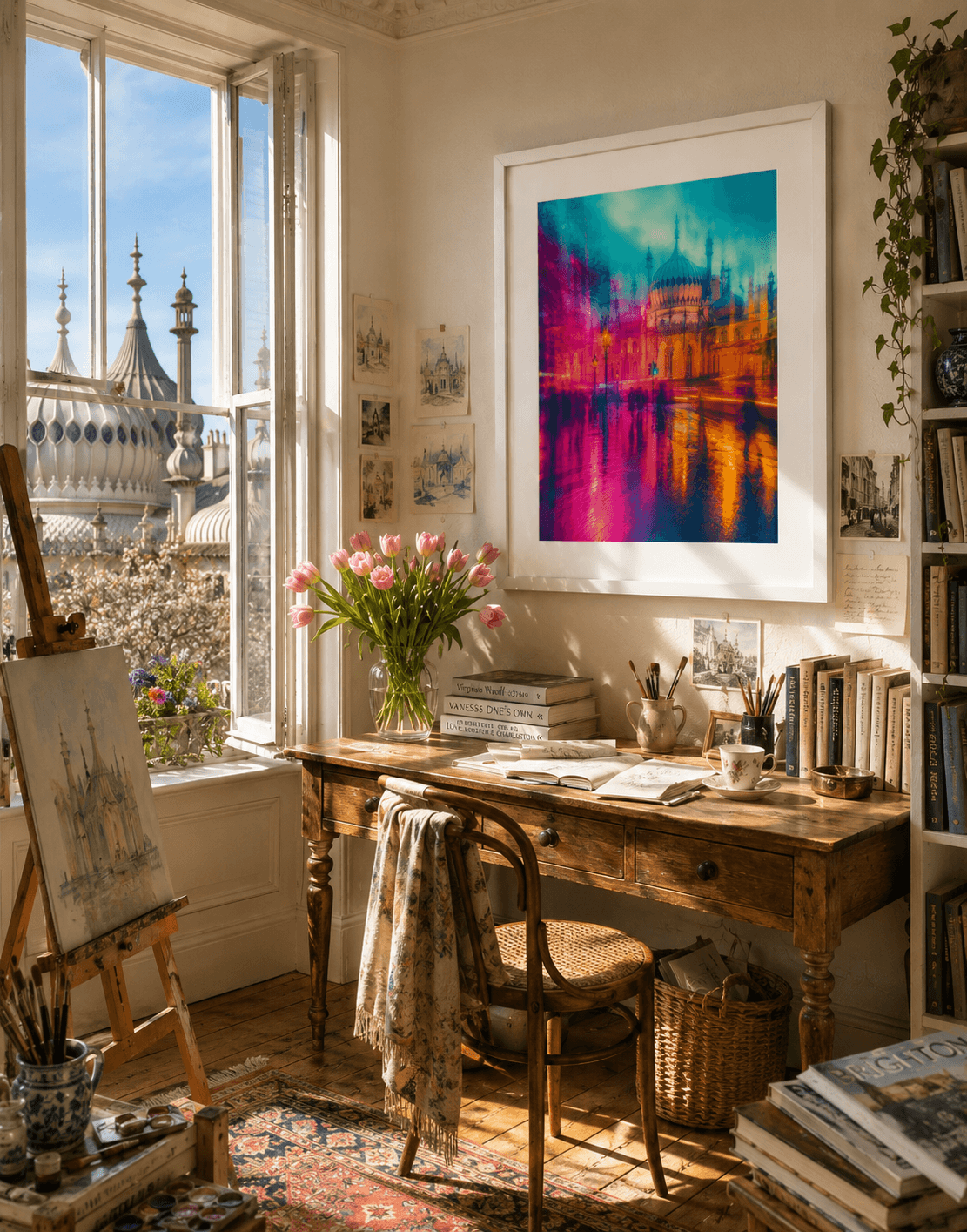 Home office with a wooden desk, colorful abstract painting, and large window.