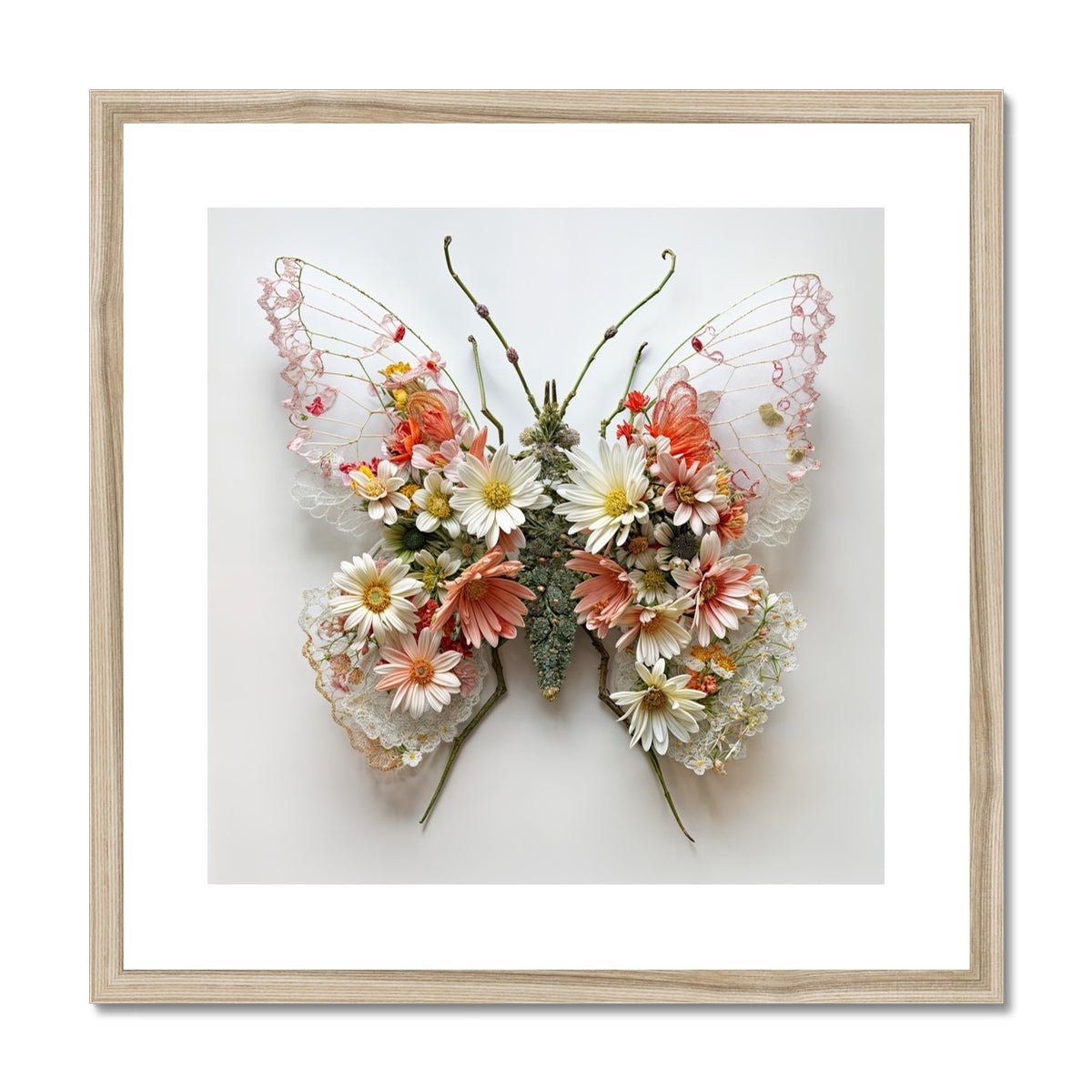 Handcrafted Flower and Lace Butterfly – Unique Wall Art Framed & Mounted Print - Pixel Gallery