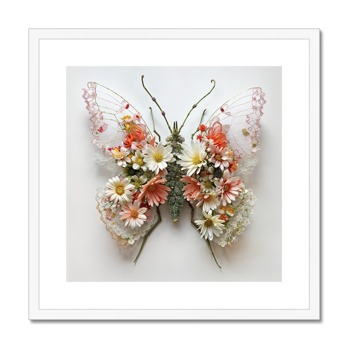 Handcrafted Flower and Lace Butterfly – Unique Wall Art Framed & Mounted Print - Pixel Gallery