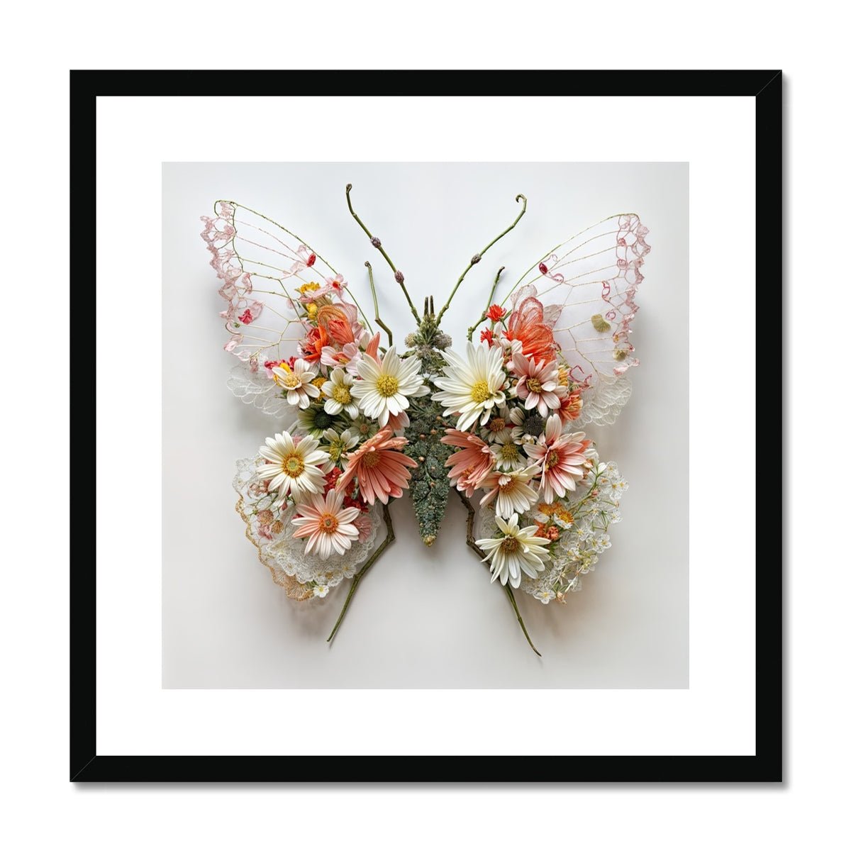 Handcrafted Flower and Lace Butterfly – Unique Wall Art Framed & Mounted Print - Pixel Gallery