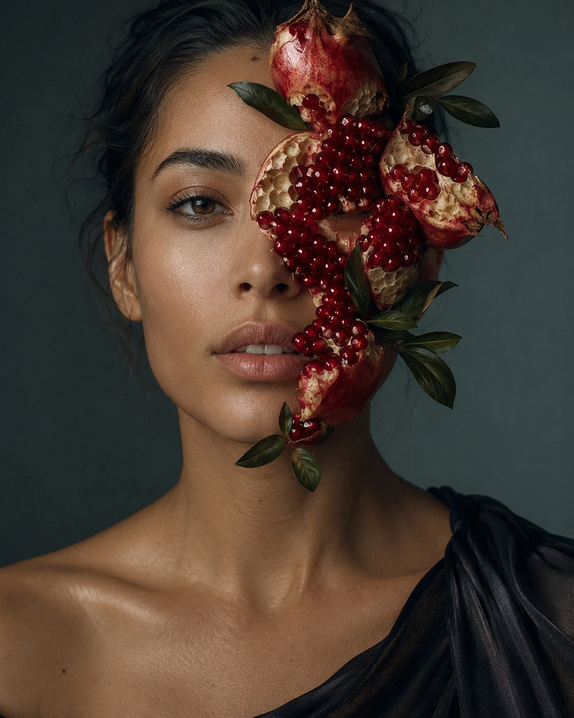 Portrait composite, a split pomegranate fused into the side of a model's face