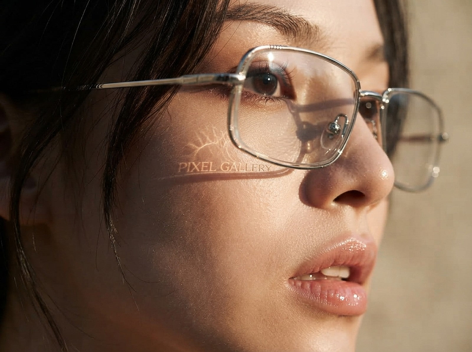 Macro beauty photograph: sunlight through an engraved spectacle lens casting the Pixel Gallery name as a caustic across a model's cheek