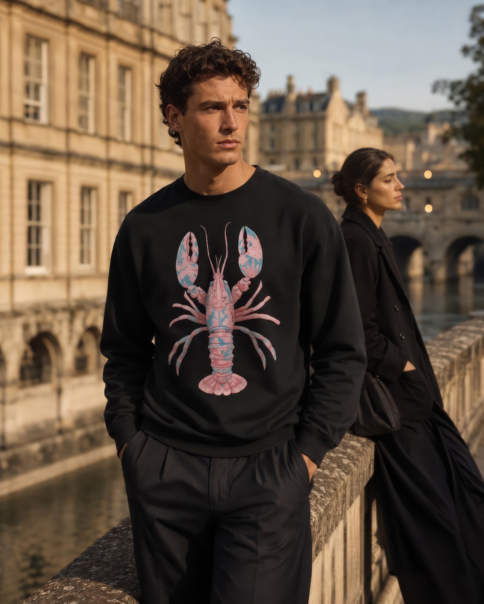 Man in the lobster print sweatshirt on Pulteney Bridge, Bath