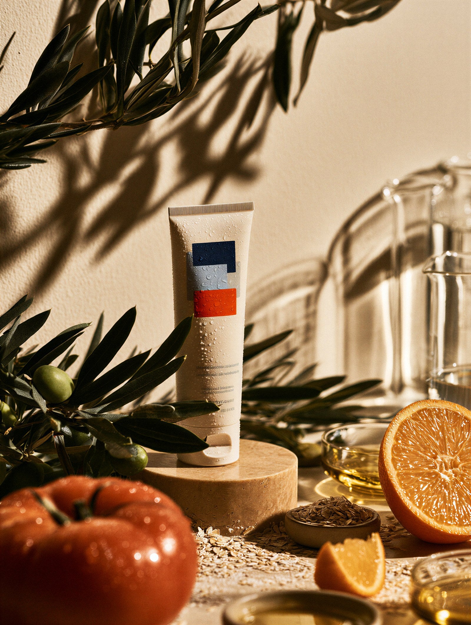 Skincare tube on travertine with olive branches, citrus and oats in afternoon light