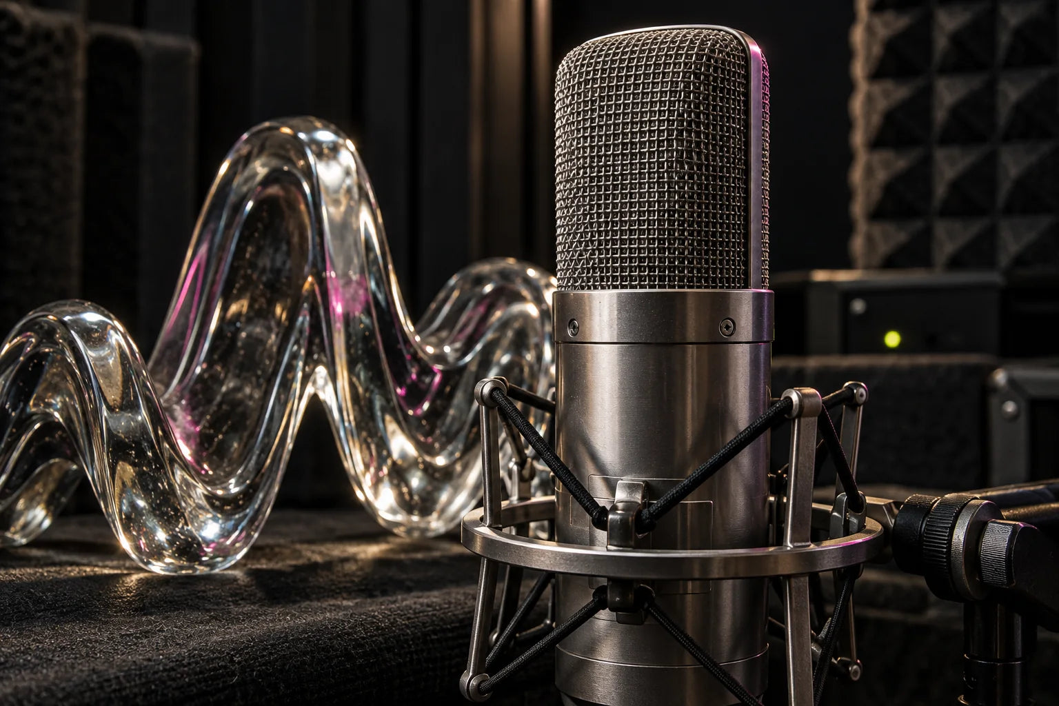 Studio microphone and glass waveform sculpture representing digital voice production