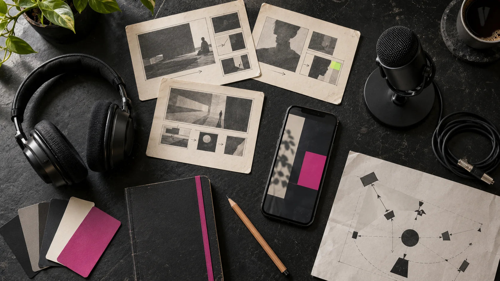 Overhead content production desk with storyboards, microphone, headphones and vertical video planning