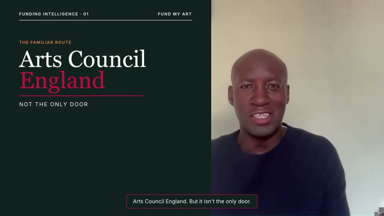 FundMyArt digital clone presenter explaining that Arts Council England is not the only funding route