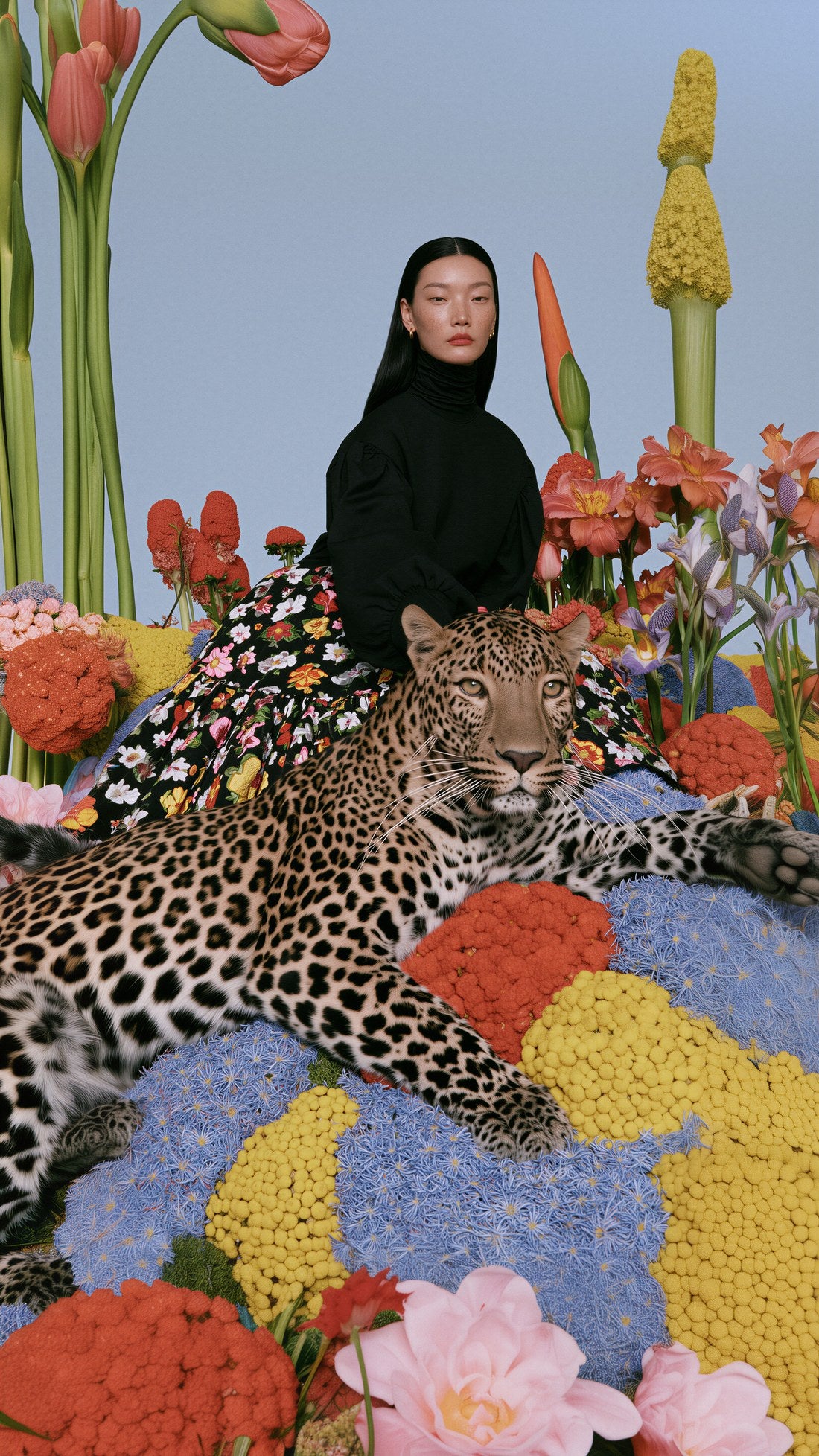 Editorial frame, model with leopard in a flower field