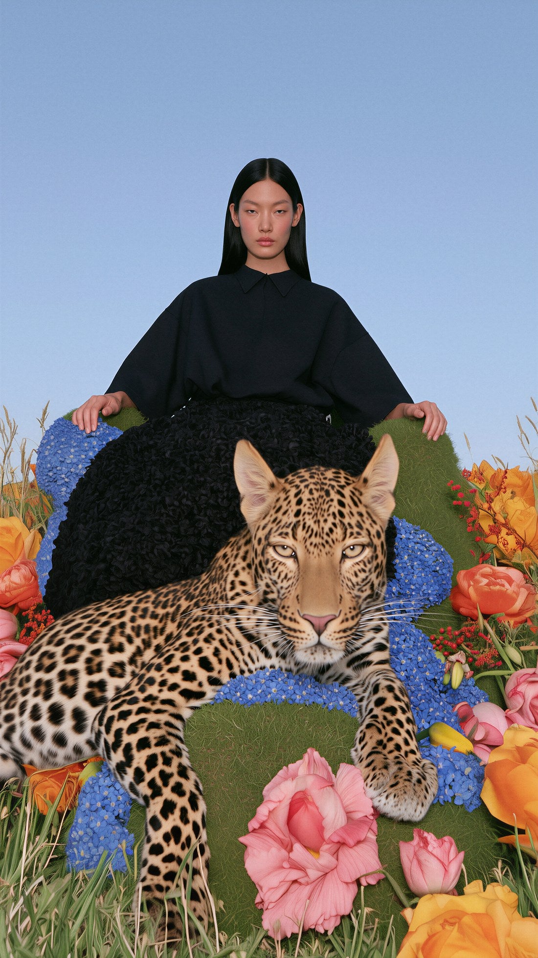 Editorial frame, model with leopard on a hydrangea throne