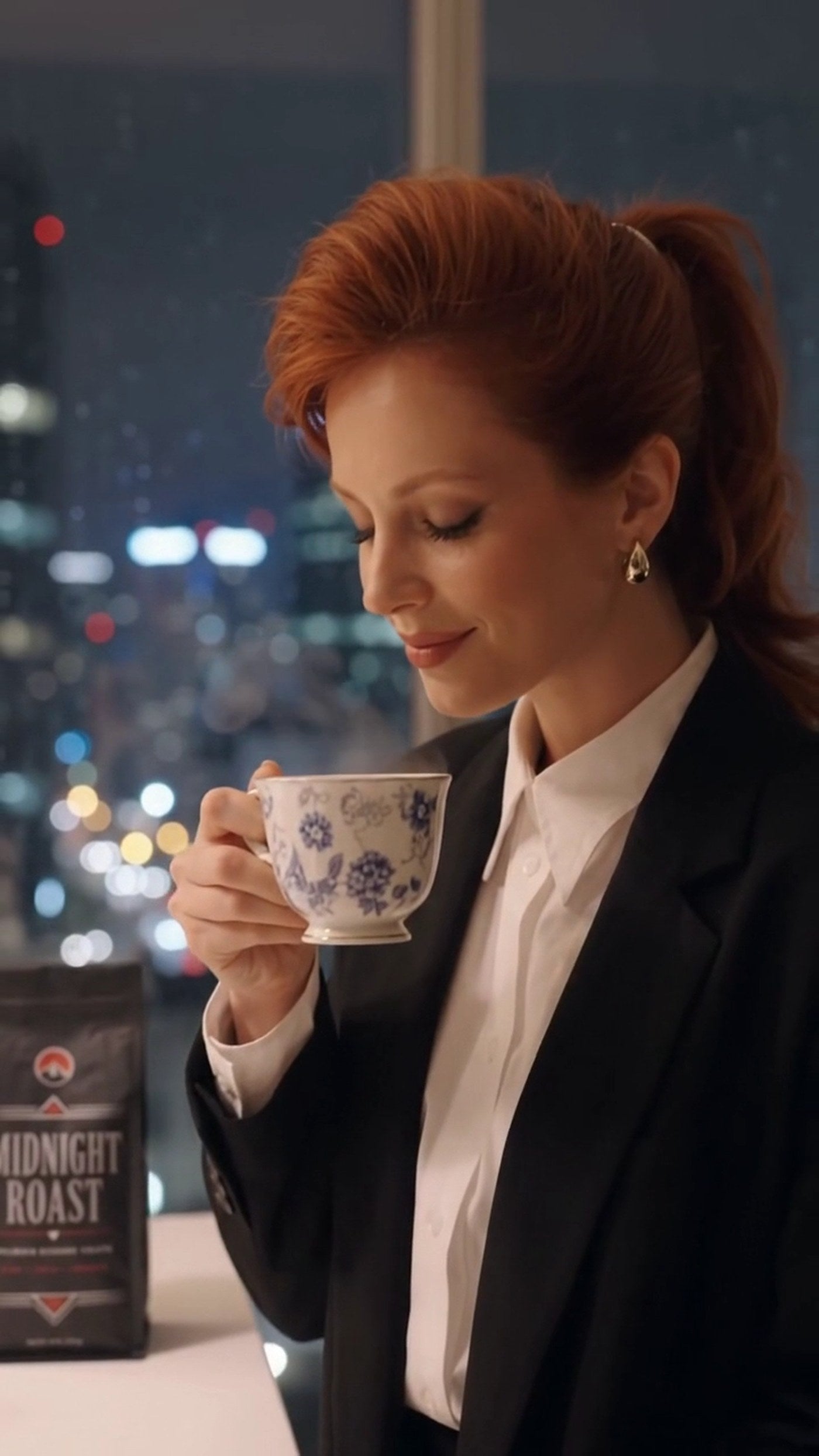 Midnight Roast coffee pack and cup by a night window