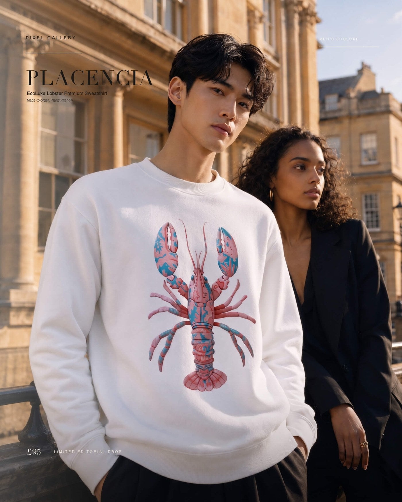 Placencia editorial advertisement, two models in Georgian architecture wearing the lobster print sweatshirt